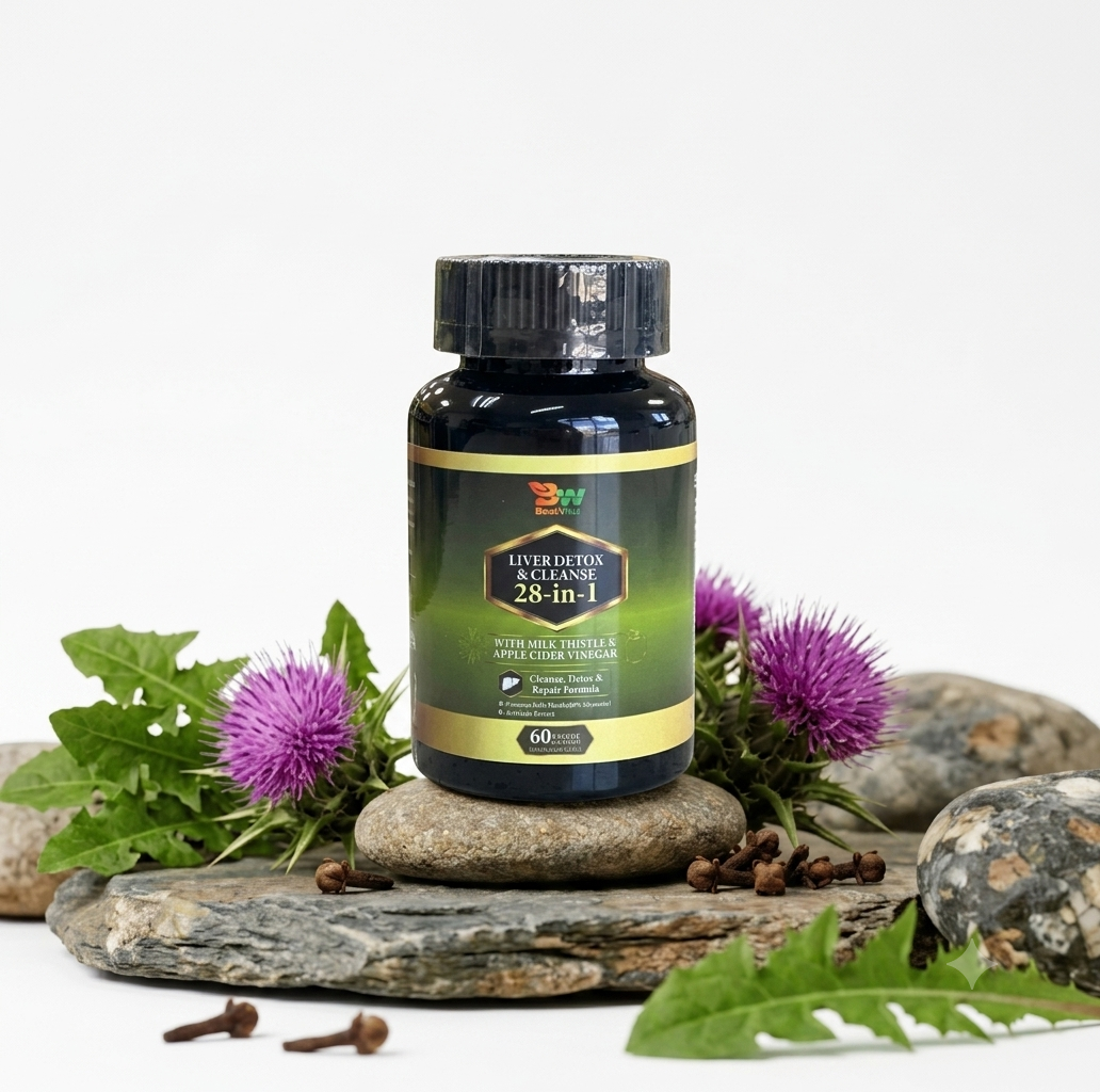 Liver Detox 28-en-1 con cardo mariano sobre rocas